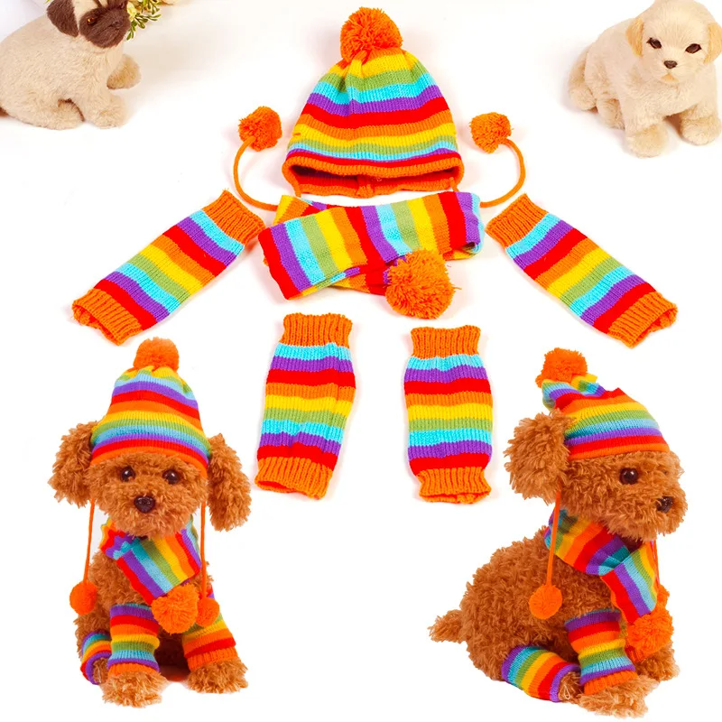 

New pet clothes knitted winter warm three-piece hat elbow scarf