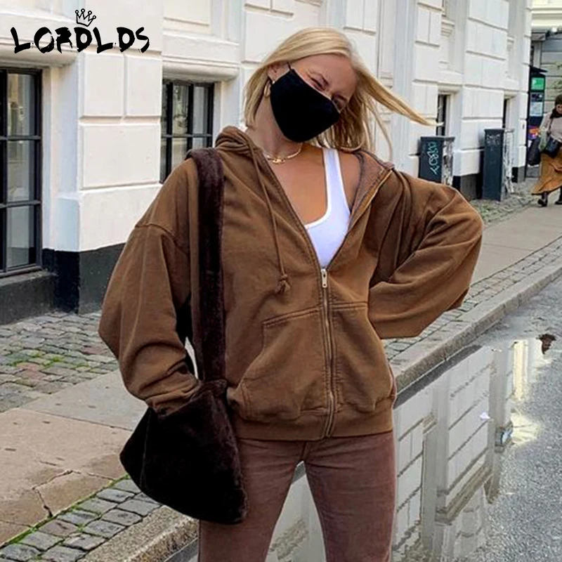 

LORDLDS Brown Vintage Zip Up Hoodies Women Long Sleeve Autumn Winter Hooded Jackets Clothes with Pockets