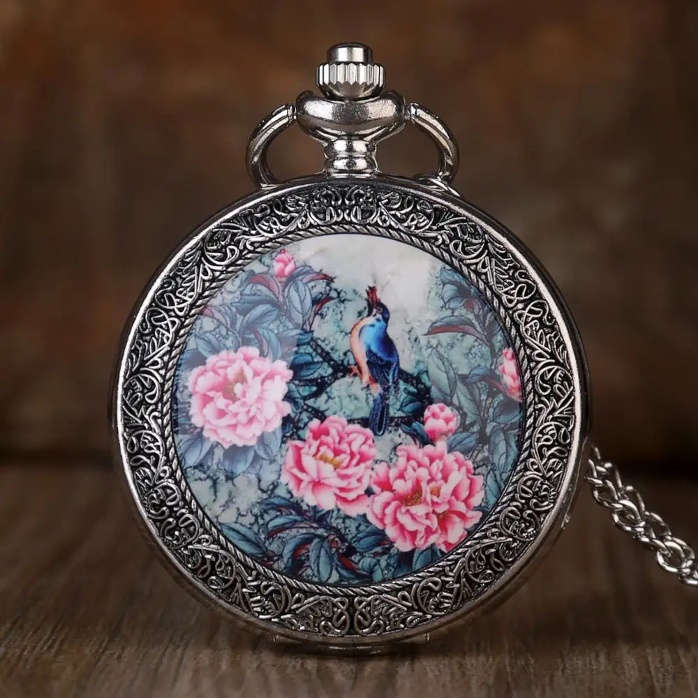 Reloj de bolsillo de cuarzo plata para mujer, accesorio Retro con aves vívidas en el árbol con patrones de flores elegantes, collar, regalos colgantes, cadena