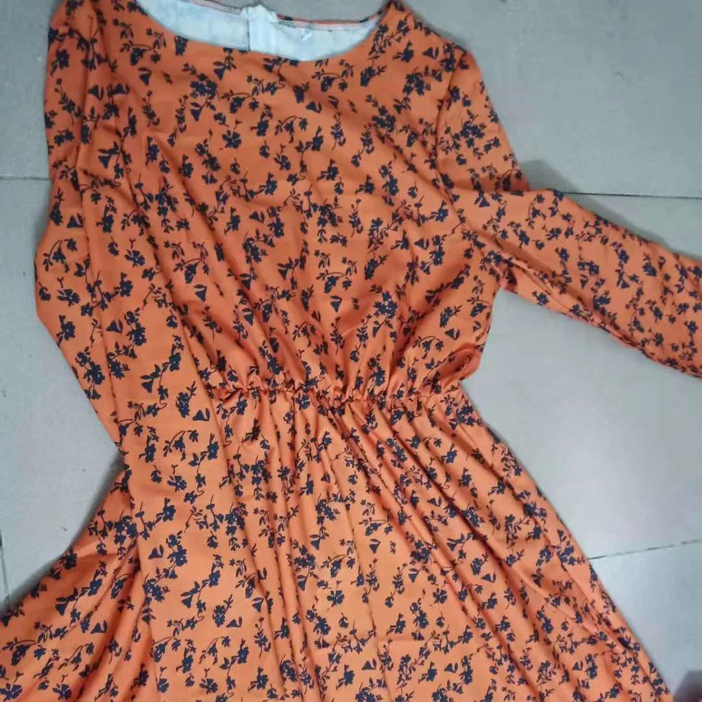 Fashion Women Dress Floral Printing Elastic Waist O-Neck Loose Long Sleeves Female Autumn Winter Party Dress Vestidos