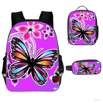 

Custom new Butterfly 3D Print Set School Bags For Teen Girls Primary 16 Inch Children Large Backpack School Kids Bag