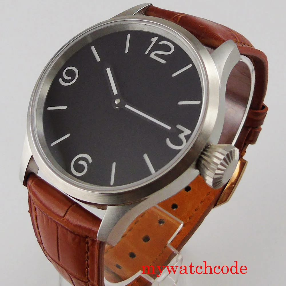 

44mm CORGEUT Black Sandwich Sterile Dial 6497 Mechanical Hand Winding Movement Men Watch Glass Back Leather Band