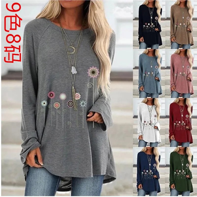 

Hot Sale Floral Print Casual Loose Long T-Shirts For Women Spring 2020 Ladies Fashion Cotton O-Neck Long Sleeve T-Shirts Tops
