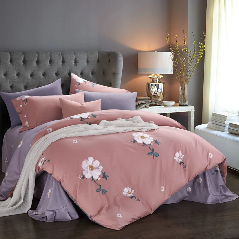 Розовый комплект постельного белья с цветами 4 шт. queen King size 100% хлопок принт пододеяльник простыни с наволочкой домашний текстиль