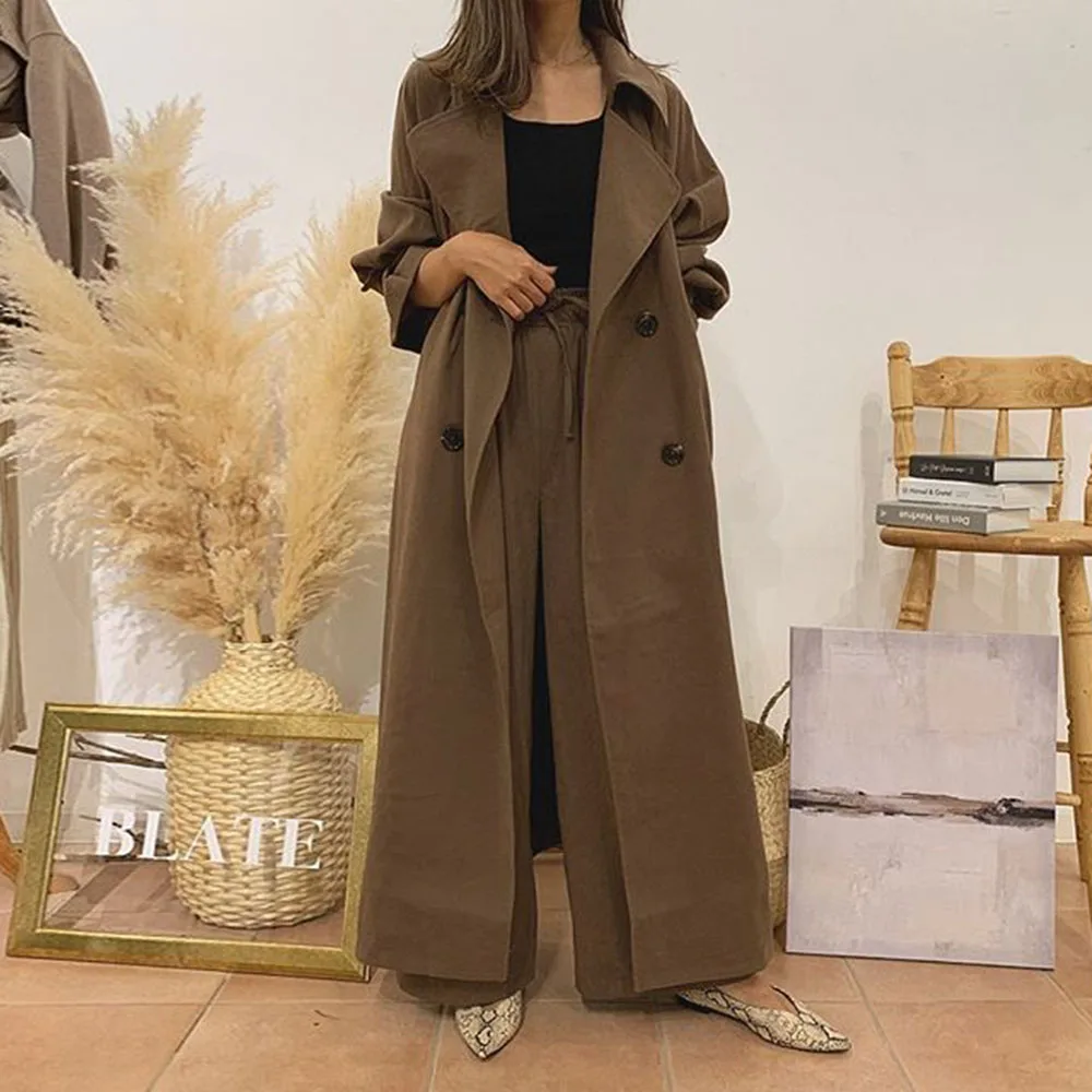 

Two Piece Sets Women Autumn Elegant Office Ladies Solid Long Trench Coat and Sashes Wide Legs Pants Suits Korean Style Brown