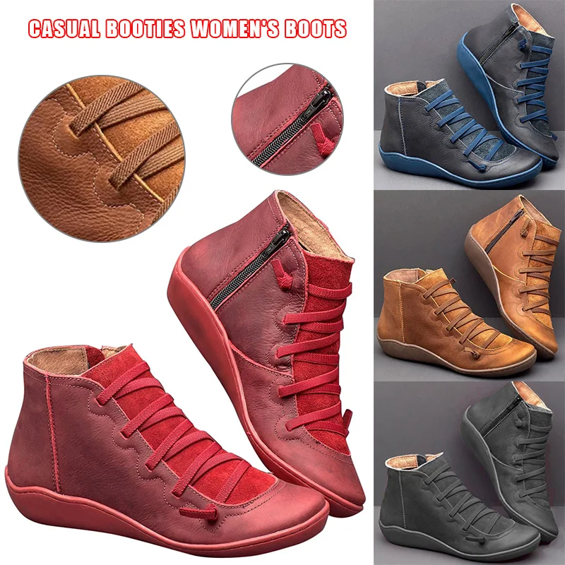 Women Autumn Casual Pu Leather Laceup Ankle Boots Flat Heel Boots