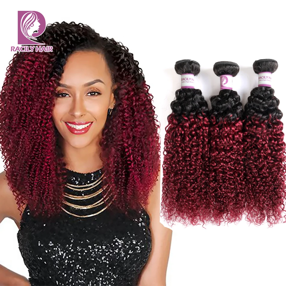 Racily Hair 1b Burgundy Ombre Brazilian Kinky Curly Bundles Remy
