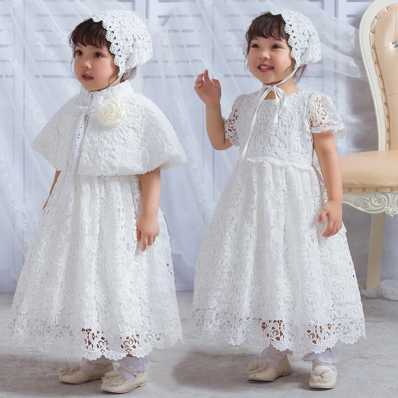 

2018 Summer New Style Baby Baptism Gown Send Cap Baby Robe Baby Princess Dress Long Dress Lace Skirt