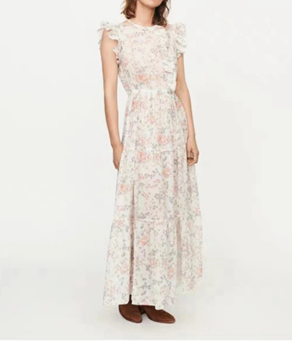 

2019 Autumn and Winter New Ruffled Floral Small Waist Flying Sleeve Maxi Dress