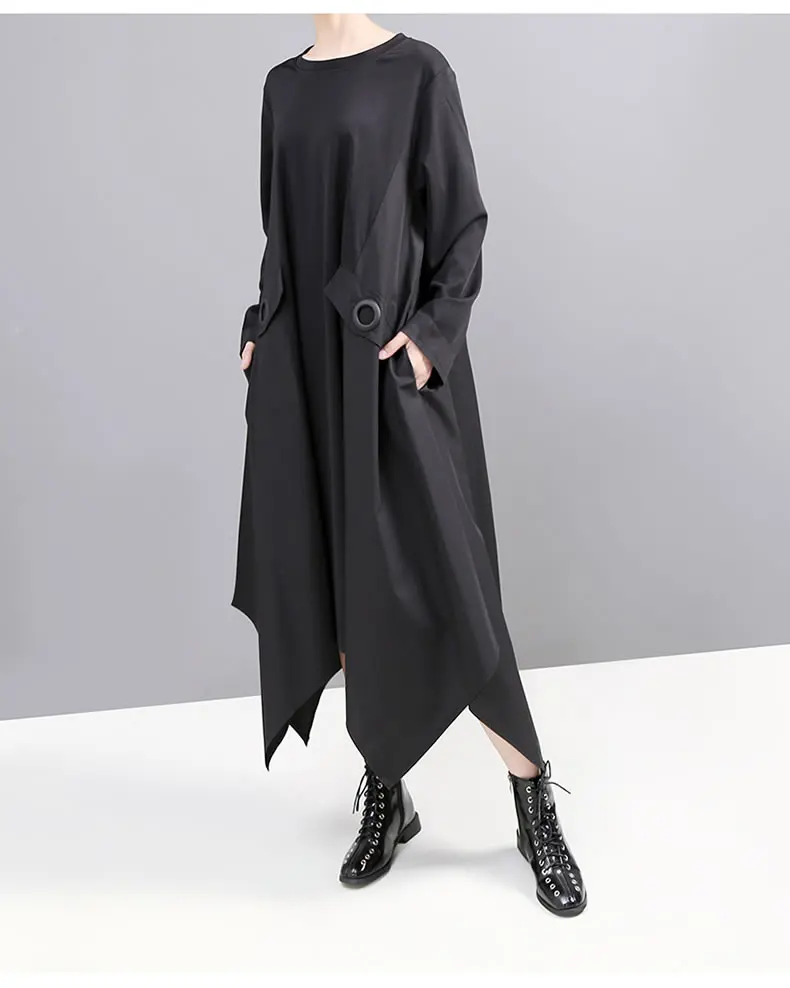 XITAO плюс размер лоскутное неправильное платье женская одежда модный карман полый пуловер длинный рукав элегантное платье GCC2576