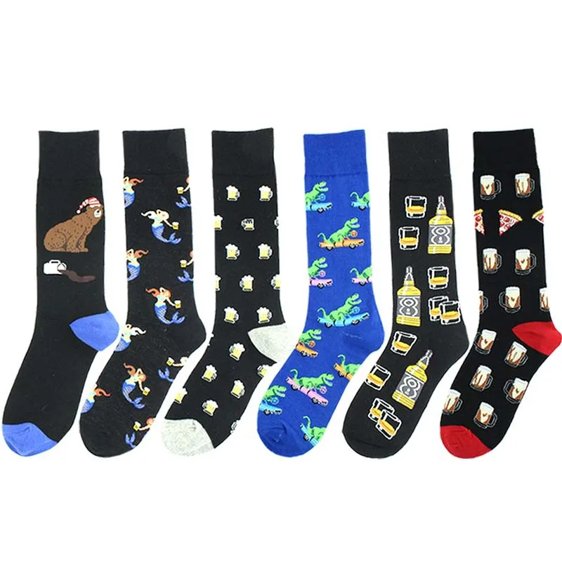 New Trendy Cotton Socks For Men And Women Cute Cartoon Dinosaur Bear Pizza Pattern Deodorant Men's Long Sock | Женская одежда