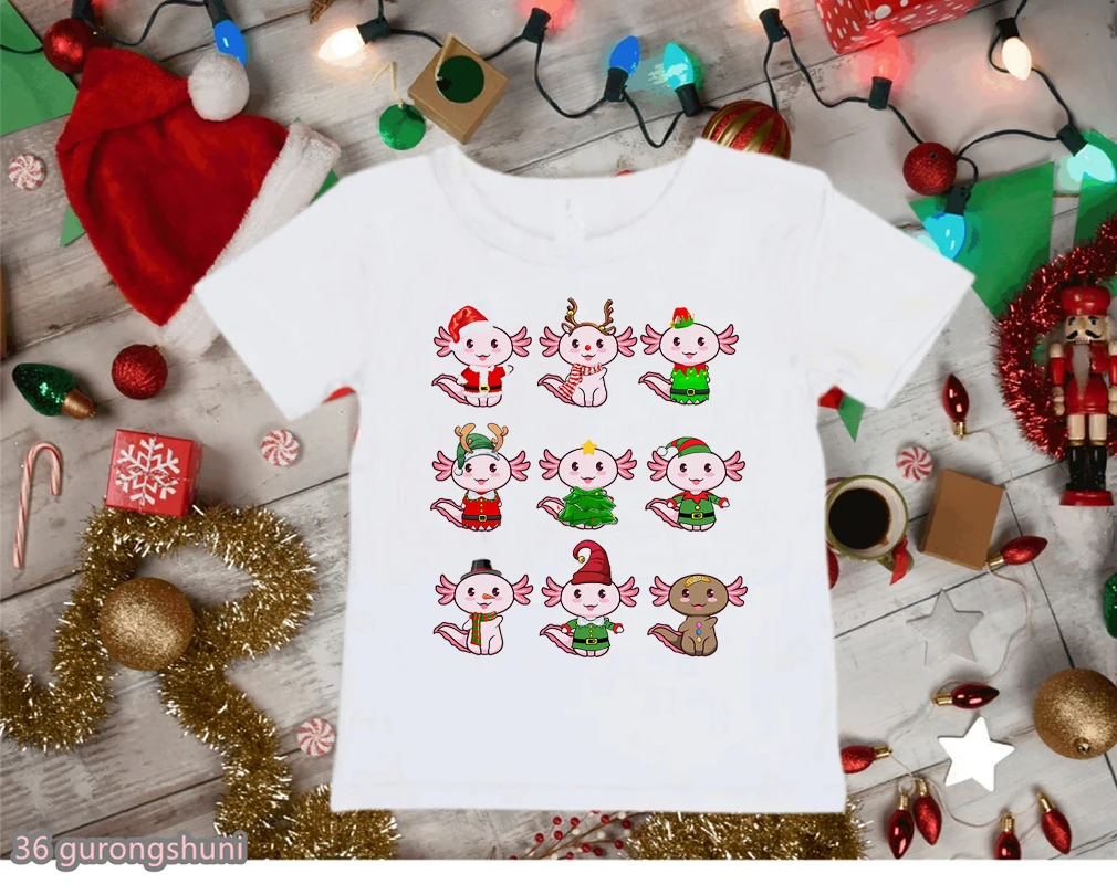 Dabbing Axolotl Cartoon Print T-Shirt Girls/Boy Kawaii Kids Clothes Merry Christmas Gift Tshirt Summer Fashion Children T Shirt