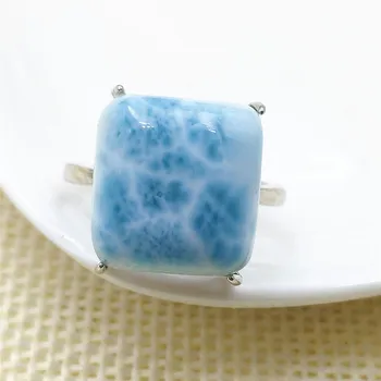 

100% Natural Larimar Blue Dominia Rectangle Adjustable Ring 15x13mm Water Pattern Oval 925 Sterling Silver AAAAAA