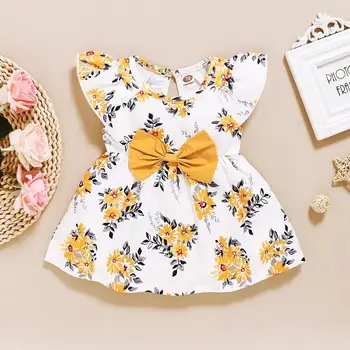 

PatPat 2020 New Summer and Spring Baby Girl Floral Print Flounced-sleeve Bowknot Decor Dress Sleeveless Dresses