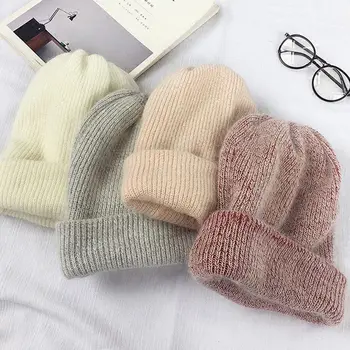 

WZCX 2019 New Rabbit Hair Solid Color Autumn Winter Beanie Casual Tide Keep Warm Thicken Knitted Hat Adult Cap