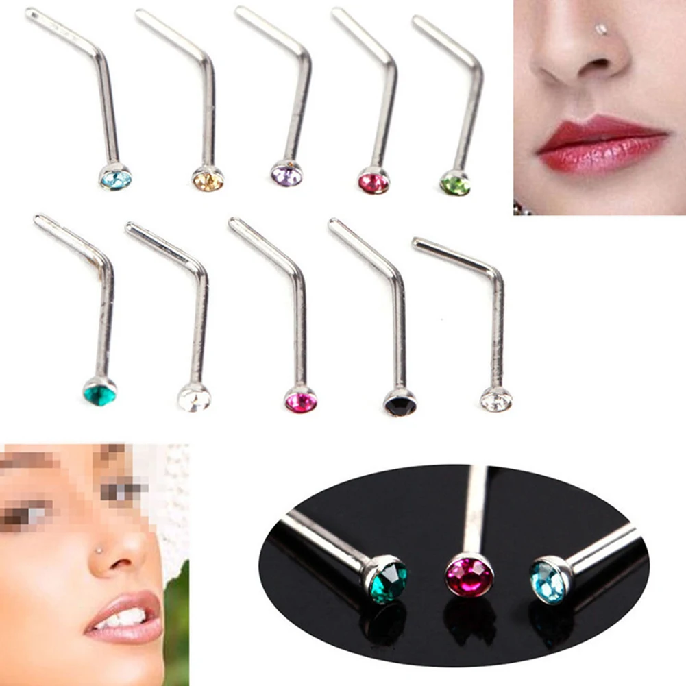 10Piece/Set Stainless Steel L Shape Nose Stud Pack Rhinestone Bending Stud Nose Ring Set Nose Stud Lot Piercing Nariz Pin