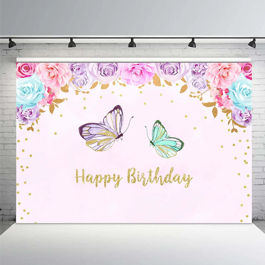 

Happy Birthday Photo Background for Little Princess Flower Backdrop Butterfly Baby Party Banner Backgrounds Gold Sequins Spring