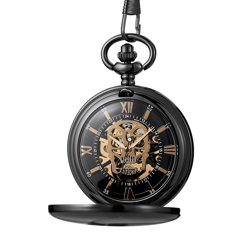 Punk Skull Mechanical Movement Pocket Watch Golden Silver Case Unique Hollow Design of Roman Numeral Dial Fashion Gift Luxury