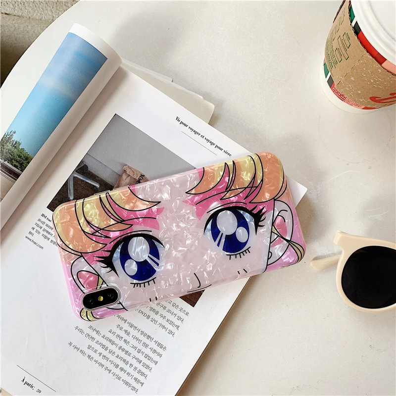 

WTSZKL Sailor Moon Beauty Girl Mobile Shell for iPhone 6 7 8 Plus 6s Xr X XS Xs max Cartoon Girl Phone Case on Marble Background