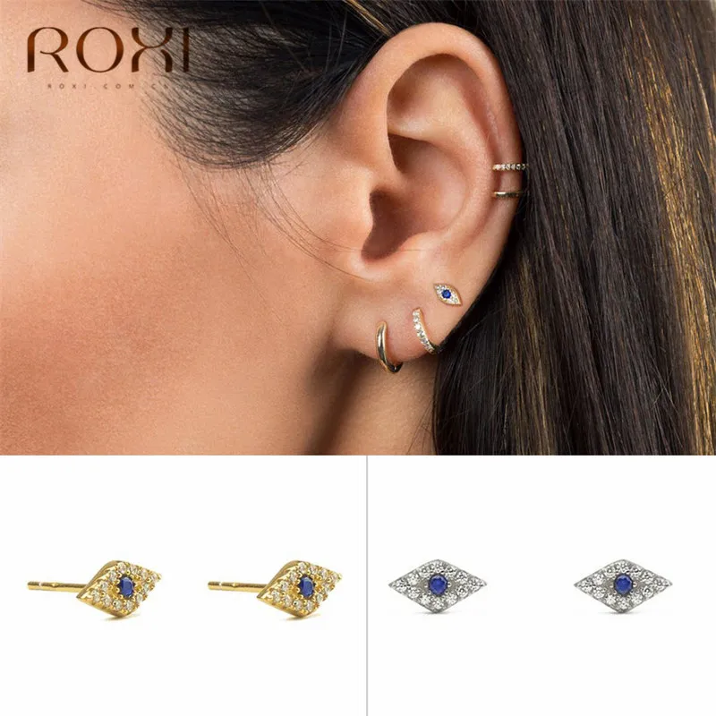 ROXI 925 пробы серебряные мини циркониевые голубые глаза маленькие серьги-гвоздики для женщин ювелирные изделия турецкий глаз маленькие серьги в стиле панк
