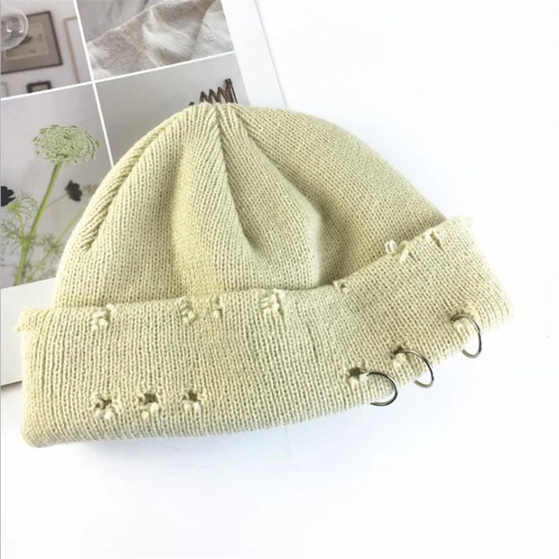 Unisex Winter Knitted Beanie Hat with Pins O-Ring Vintage Distressed Hole Solid Color Hip Hop Stretch Cuffed Skull Cap