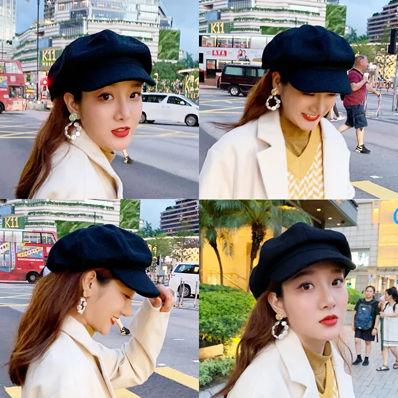 

Beret Women's Spring And Autumn Black And White with Pattern England Retro Korean-style Japanese-style Autumn And Winter Woolen