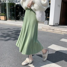 Зимняя женская плиссированная юбка с высокой талией, Толстая теплая однотонная трикотажная юбка миди в Корейском стиле, Женская юбка Faldas Largas