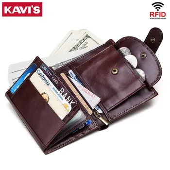 

KAVIS RFID Cowhide Leather Men Wallet Mini Card Holder PORTFOLIO Portomonee Male Chain Walet Coin Purse Small Pocket Bag New