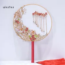 Свадебный веер букеты роскошный китайский жемчуг Аппликации ручной работы Цветы металлический круглый ручной вентилятор Свадебные аксессуары SPH207