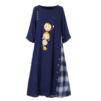 

2019 Autumn Women Casual Patchwork Long Dress 3/4 Sleeves Splicing O-Neck Button High Low Hem Novelty Plus Size Dress Sukienki