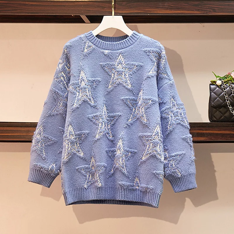 

L-4XL Plus Size Women Sweaters Autumn Winter 2019 Fashion Star Jacquard O-neck Long Sleeve Loose Casual Warm Pullover