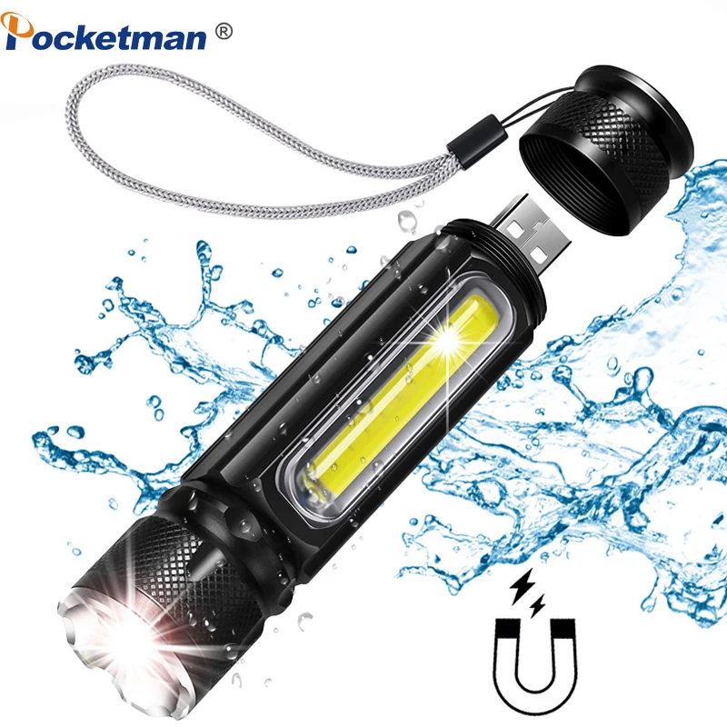 

5000LM Bright Mini LED Flashlight USB Rechargeable Torch Battery Powerful T6 +COB Side Light linterna Tail Magnet Work FishLight