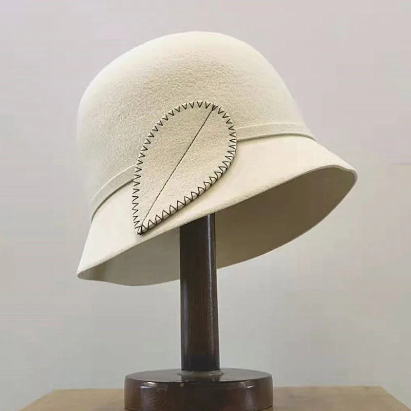 

Women Solid Color Winter Hat 100% Wool Warm Bucket Hat with Leaf Accent Lady Church Party Cloche Hat Crushable Bowler Hat Round