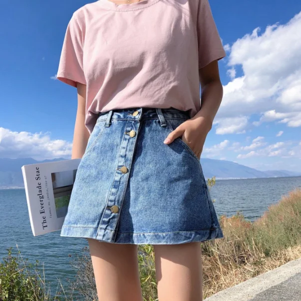 Уличная одежда джинсовые короткие юбки весна лето новые тонкие пуговицы карманы линия джинсовая юбка женские джинсы с завышенной талией Skort AQ159