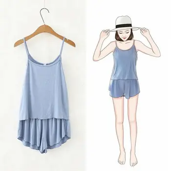 

Women Summer Camisole + Shorts Suit Home Two-piece Solid Color Pajamas Sleepwear /BY