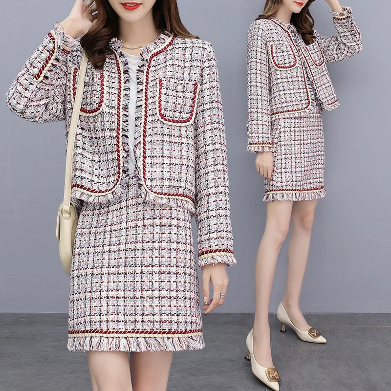 

Autumn And Winter Elegant Debutante Graceful Set Tassels Joint Pattern Tweed Cropped Jacket Skirt Two-Piece Women's