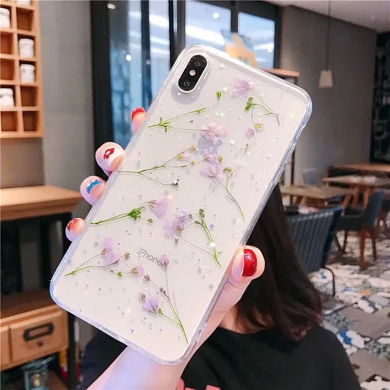 Настоящие сухие цветы чехол для телефона для iPhone X XR XS Max 7/8 8 Plus ручной работы телесный цветок мягкий прозрачный ТПУ чехол для телефона - Цвет: 12