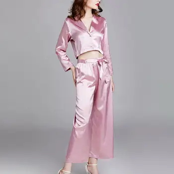 

2Pcs Satin Pijamas Women Solid Long Sleeve V Turn-down Collar Button Short Tops With Bow-Knot Long Sleep Pants Set Sexy Lingerie