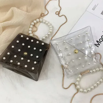 

Chain Clear Shoulder Messenger Bag Faux Pearls PVC Transparent Crossbody Fashionable Portable Top-handle Handbag