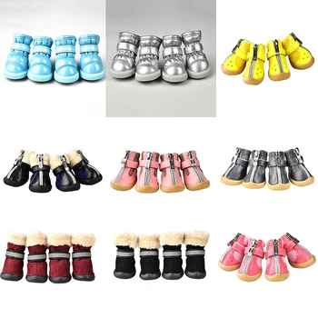 

4 Pcs Sets Plush Pet Shoes Socks Outdoor Puppy Winter Snow Boot Cute Casual Dog Shoes Slip-Sesistant Waterproof Shoes Teddy Shoe