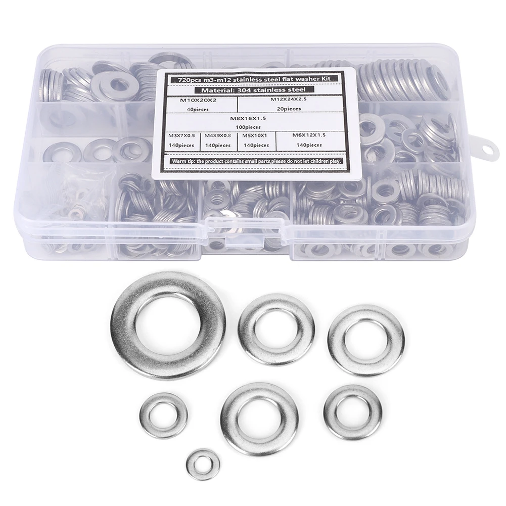 Ruspela 720Pcs Flat Washer Kit 304 Stainless Steel Silver Spring Gasket Assortment Set M3-M12 Silver Ruspela 720Pcs Flat Washer Kit 304 Stainless Steel Silver Spring Gasket Assortment Set M3-M12 Silver