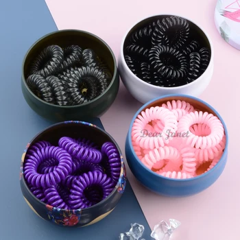 

12pcs/box 3.5cm telephone line ponytail holder hairbands gum hair styling tools headwear for kids girls women iron storage box