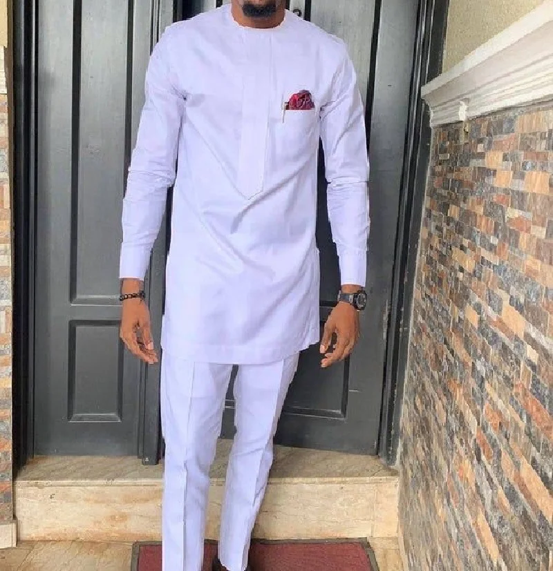 Senator-Style White African Pant-Sets Shirts Groom-Suits Party-Wear Fashion Male Solid