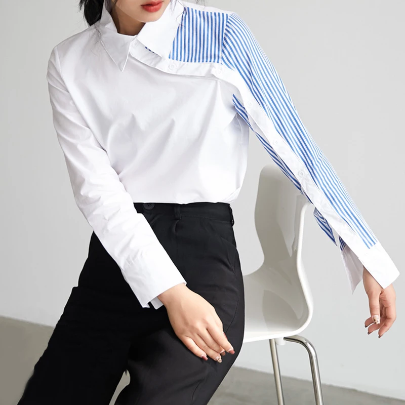 New Arrival Women Turn Down Collar White Shirt Blouse Striped Patchwork Elegant Chic Korean Style Feminina Blusa T9O908F