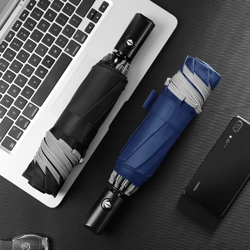 

Reflective Strips Fully Automatic Folding Umbrella Three Fold Reverse Umbrella Men And Women Business Umbrella Customizable Logo