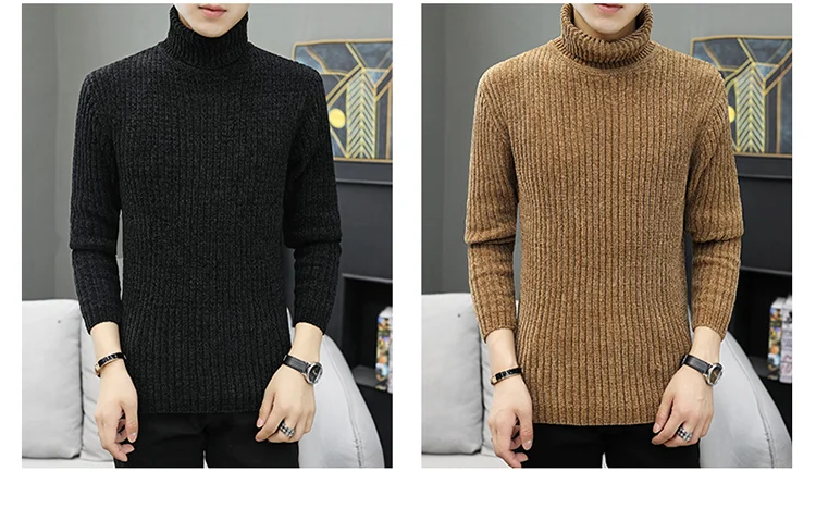 High Quality Warm Turtleneck Sweater Men Fashion Solid Knitted Mens Sweaters Casual Slim Pullover Male Double Collar Tops