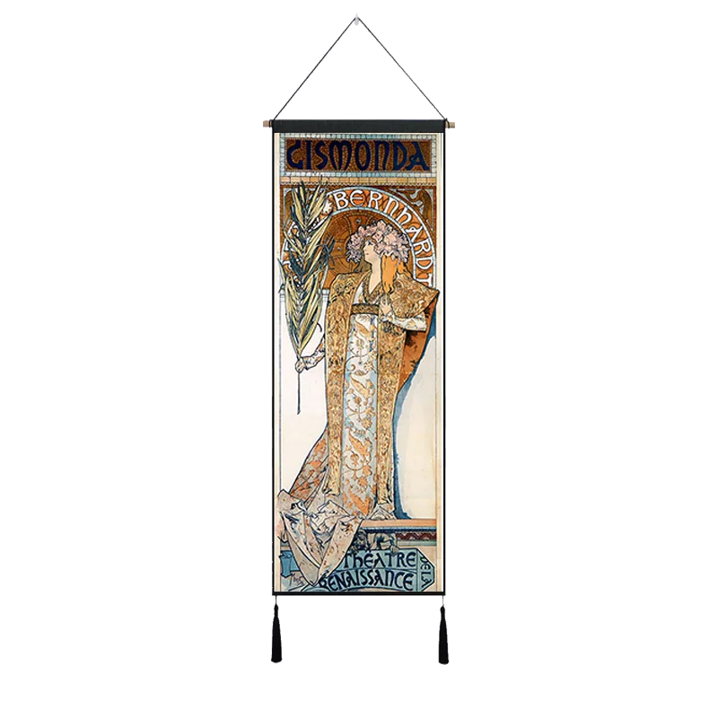 Синий Антиквариат Bernhardt Alphonse Maria Mucha, висячая ткань, хлопок, линия, картины, плакаты, домашняя декоративная настенная вешалка, гобелен, подарок - Цвет: Синий