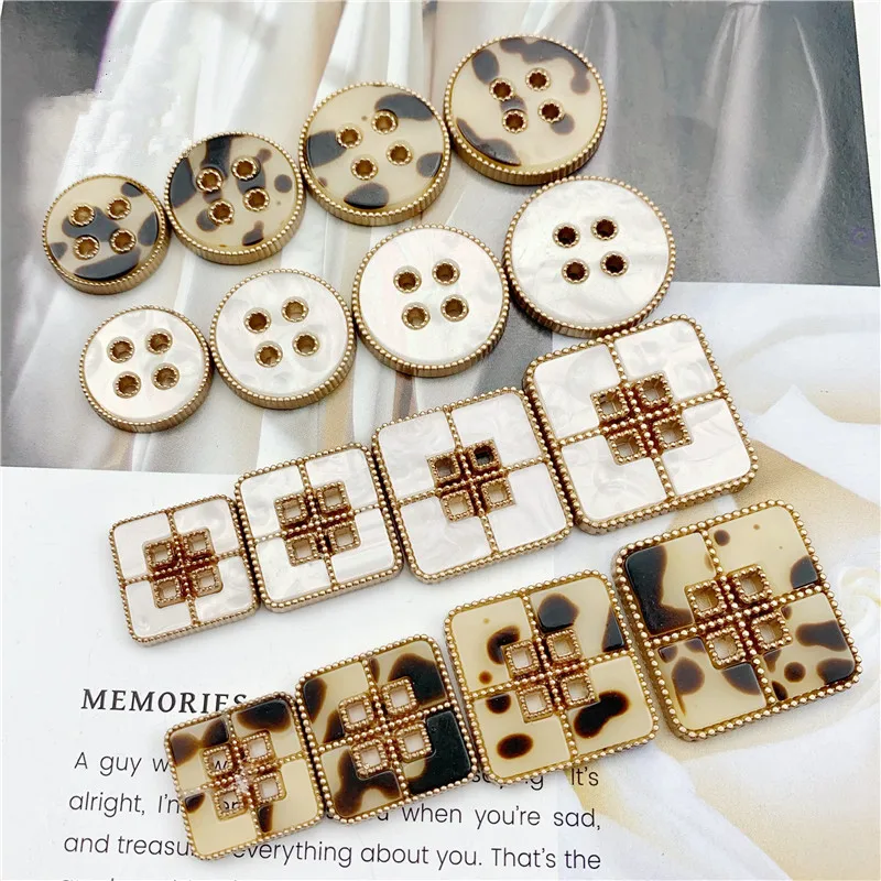 

6pcs Leopard Print Resin Button with Metal Edge for Coat DIY Hand Sewing Sewing 4 Holes Buttons Round/Square 17mm-26mm