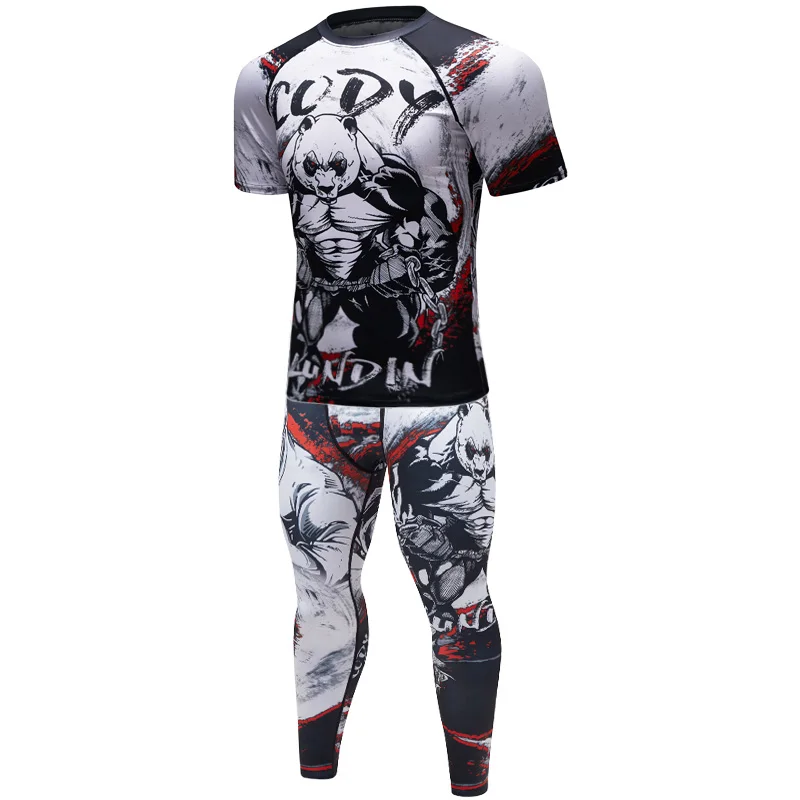 UCF BJJ боксерский комплект компрессионный Джерси брюки 3D Волк печать Рашгард кикбоксинг плотные футболки брюки Муай Тай MMA fightenwear - Цвет: (Panda)-DX-CK