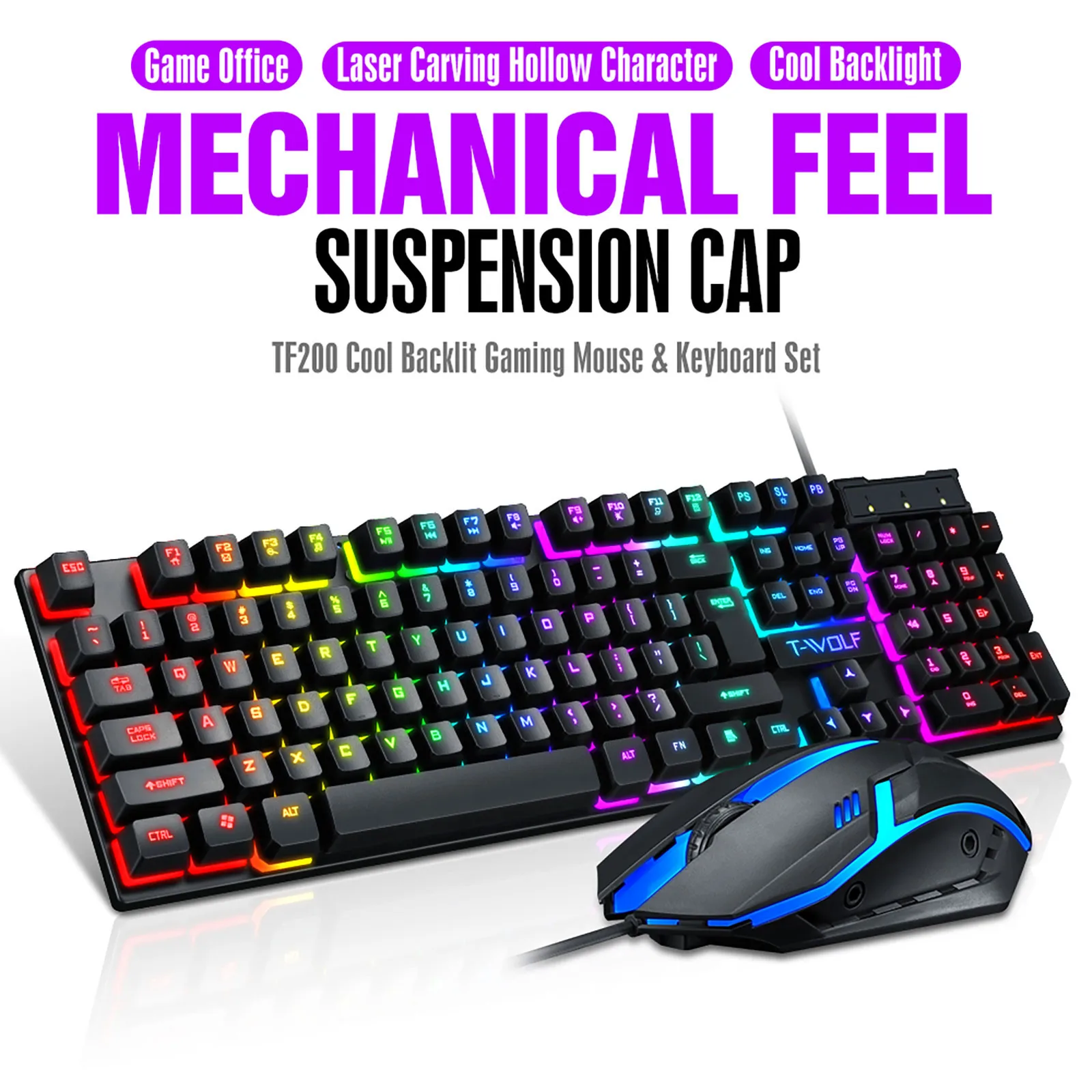 Fashion TF200 Rainbow Backlight Usb Ergonomic Gaming Keyboard and Mouse Set Gaming keyboard Wired Gaming Mouse Kit 104 Keycaps